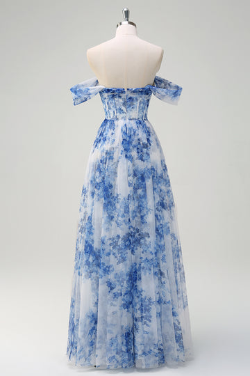 White Blue Flower Off the Shoulder Printed Bridesmaid Dress with Slit
